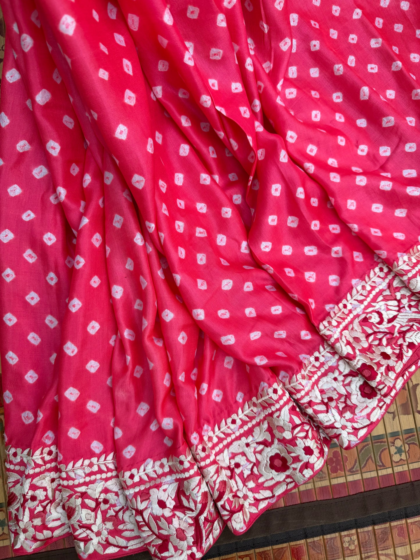 Gajji silk bandini with machine embroidery saree