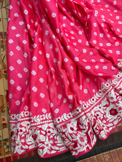 Gajji silk bandini with machine embroidery saree