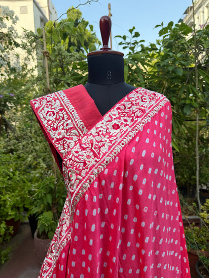Gajji silk bandini with machine embroidery saree