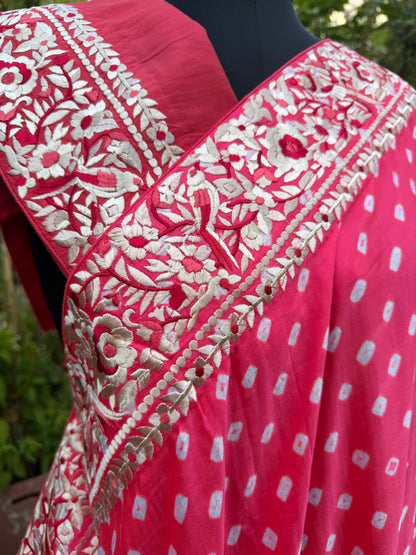 Gajji silk bandini with machine embroidery saree