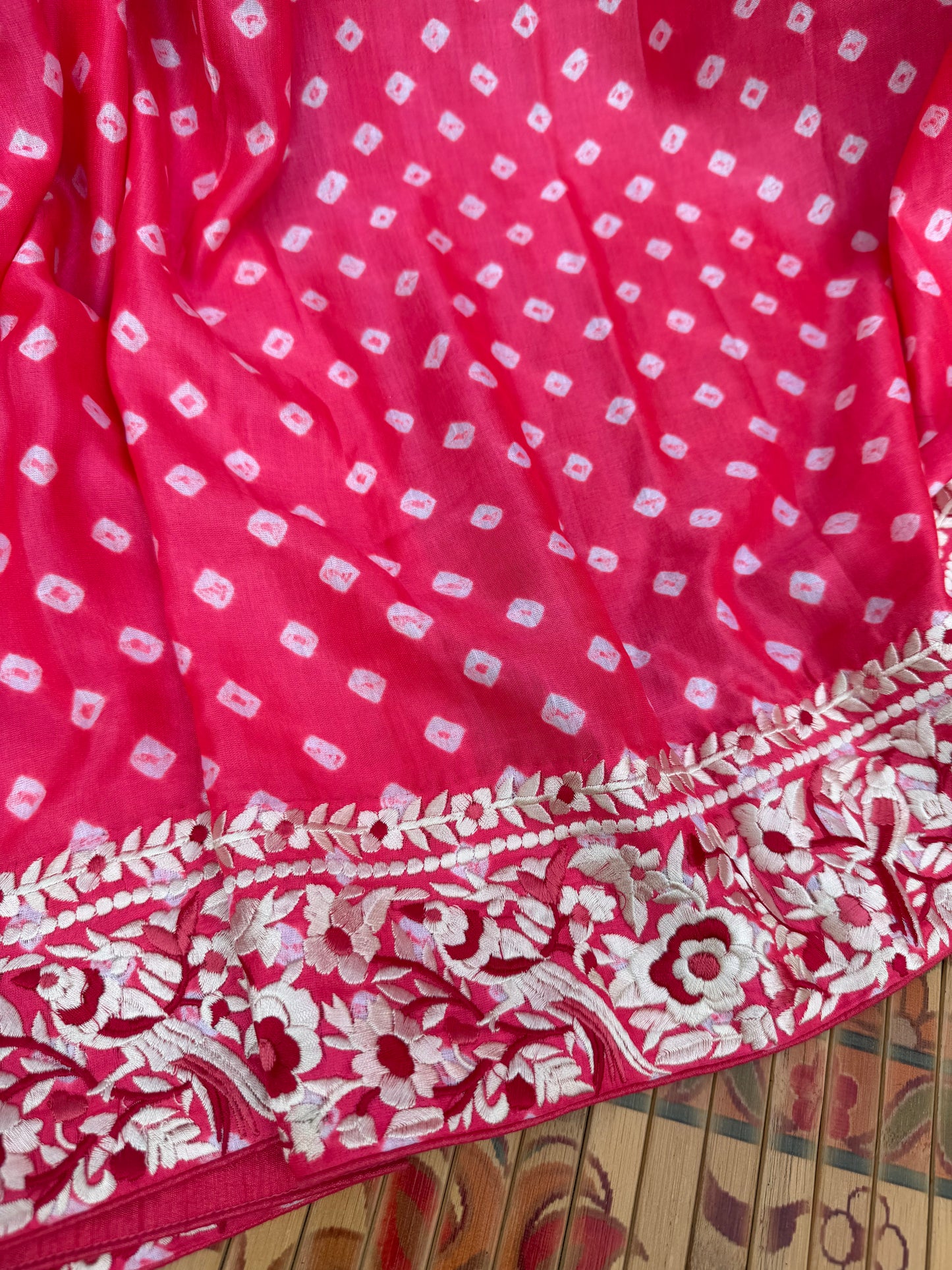 Gajji silk bandini with machine embroidery saree