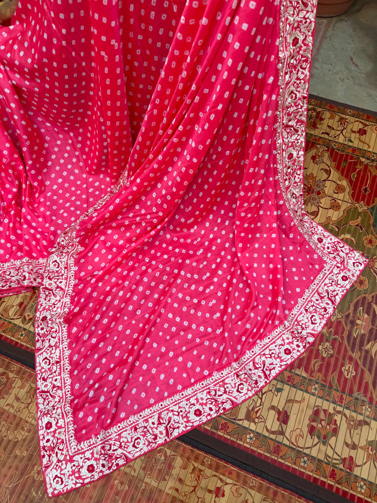 Gajji silk bandini with machine embroidery saree