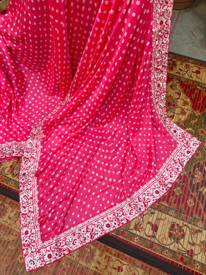Gajji silk bandini with machine embroidery saree