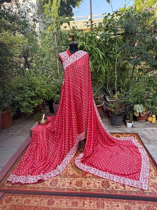 Gajji silk bandini with machine embroidery saree