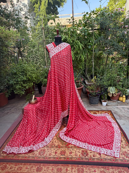 Gajji silk bandini with machine embroidery saree
