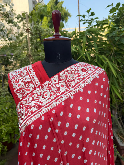 Gajji silk bandini with machine embroidery saree
