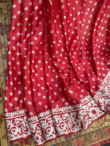 Gajji silk bandini with machine embroidery saree