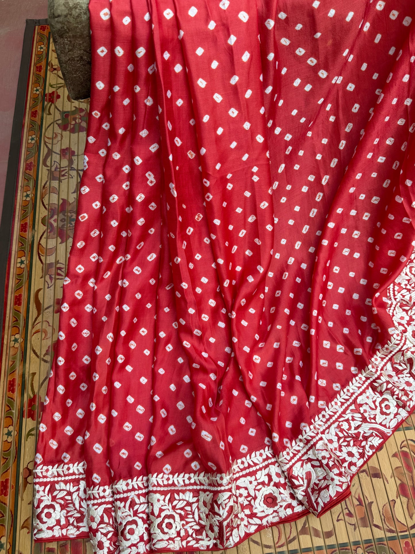 Gajji silk bandini with machine embroidery saree