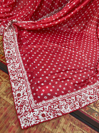 Gajji silk bandini with machine embroidery saree
