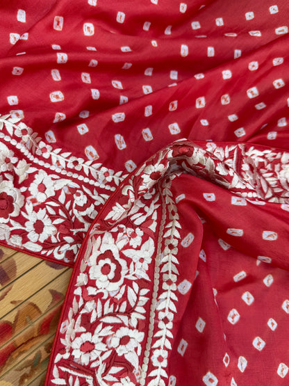Gajji silk bandini with machine embroidery saree