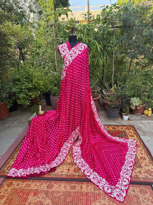 Gajji silk bandini with machine embroidery saree