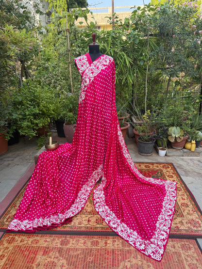 Gajji silk bandini with machine embroidery saree