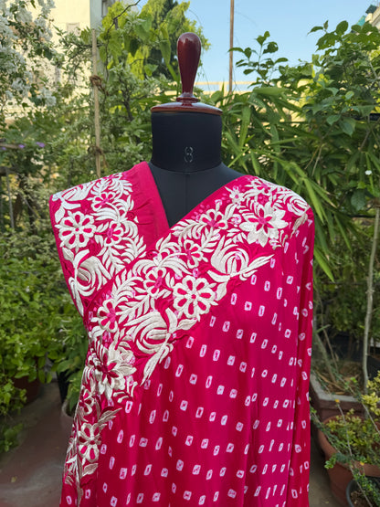 Gajji silk bandini with machine embroidery saree