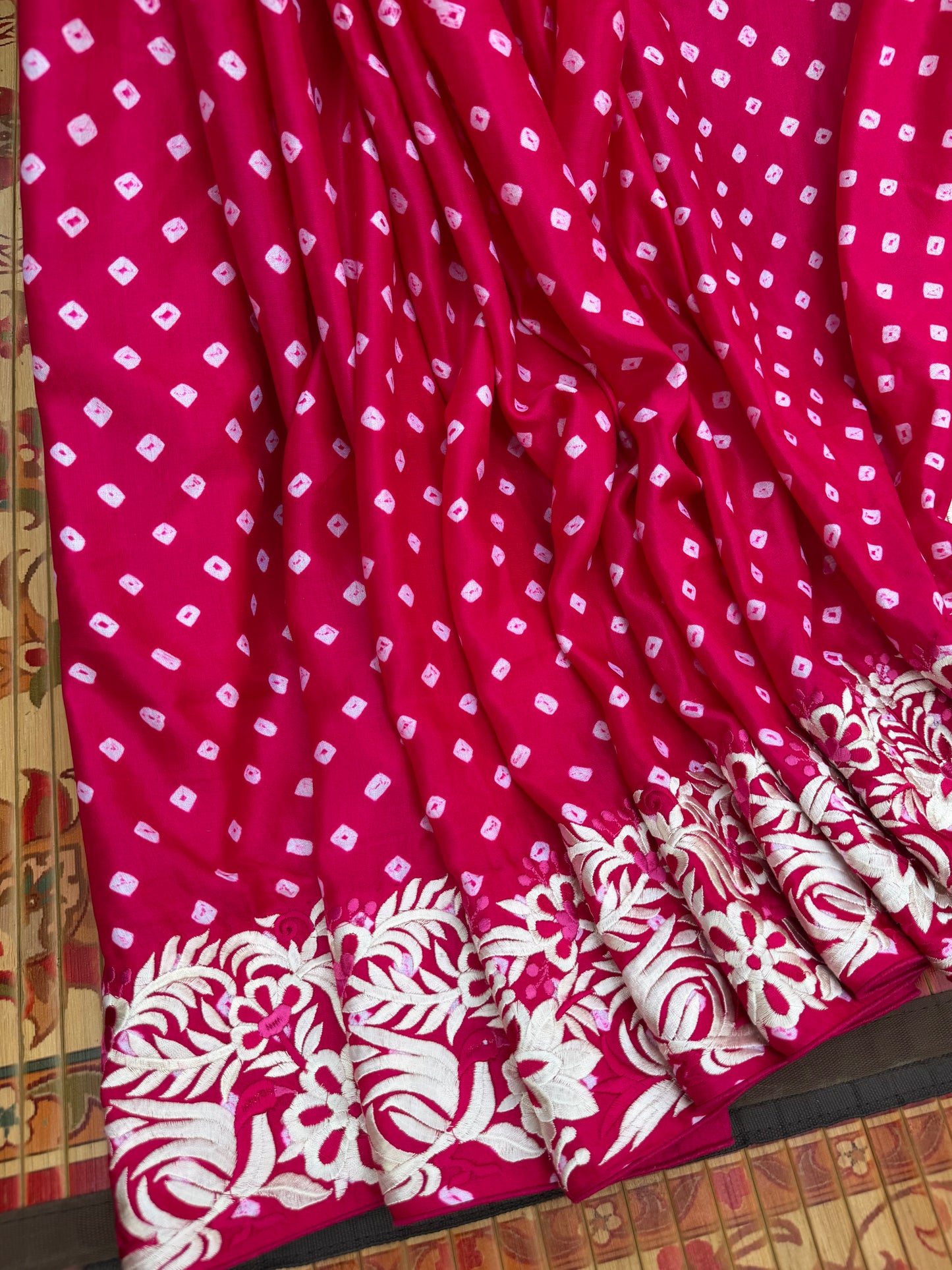Gajji silk bandini with machine embroidery saree