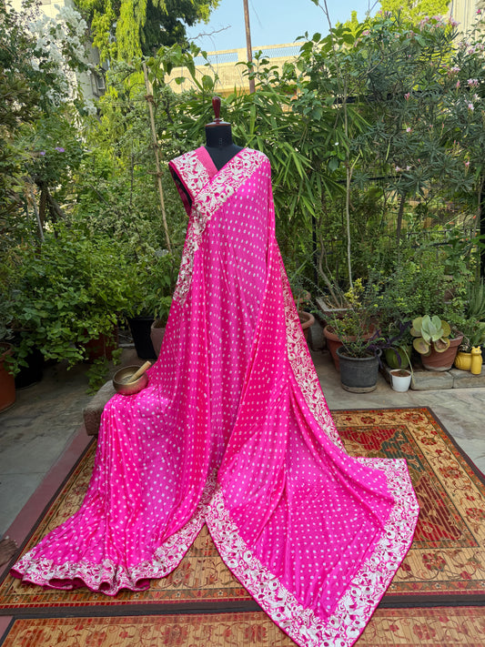 Gajji silk bandini with machine embroidery saree
