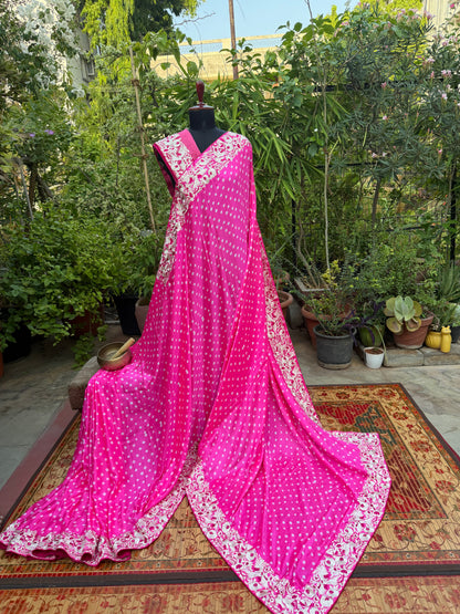Gajji silk bandini with machine embroidery saree
