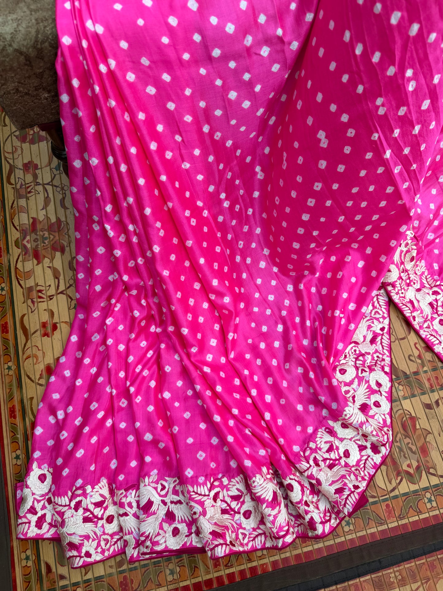 Gajji silk bandini with machine embroidery saree