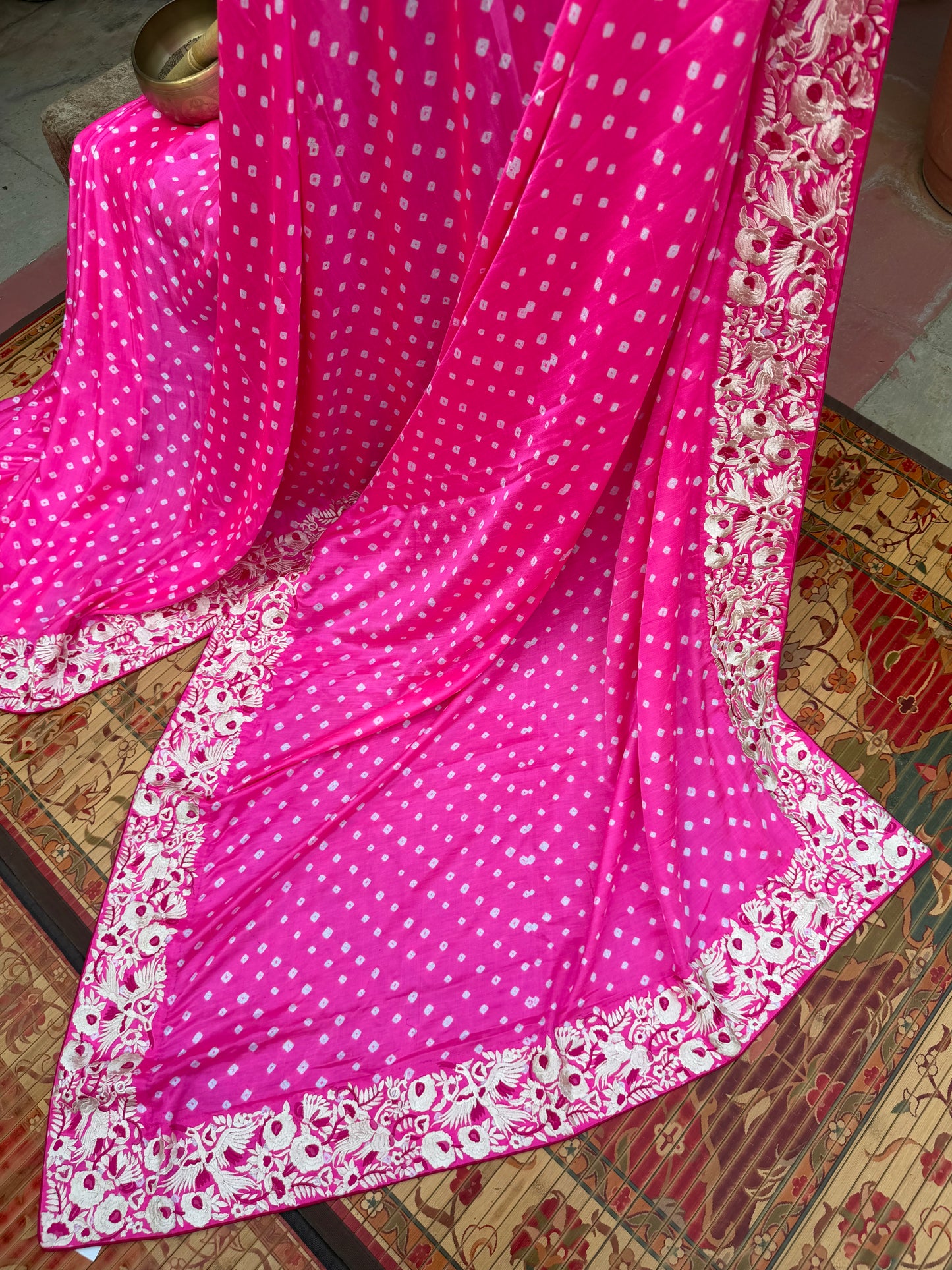 Gajji silk bandini with machine embroidery saree