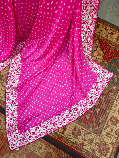 Gajji silk bandini with machine embroidery saree