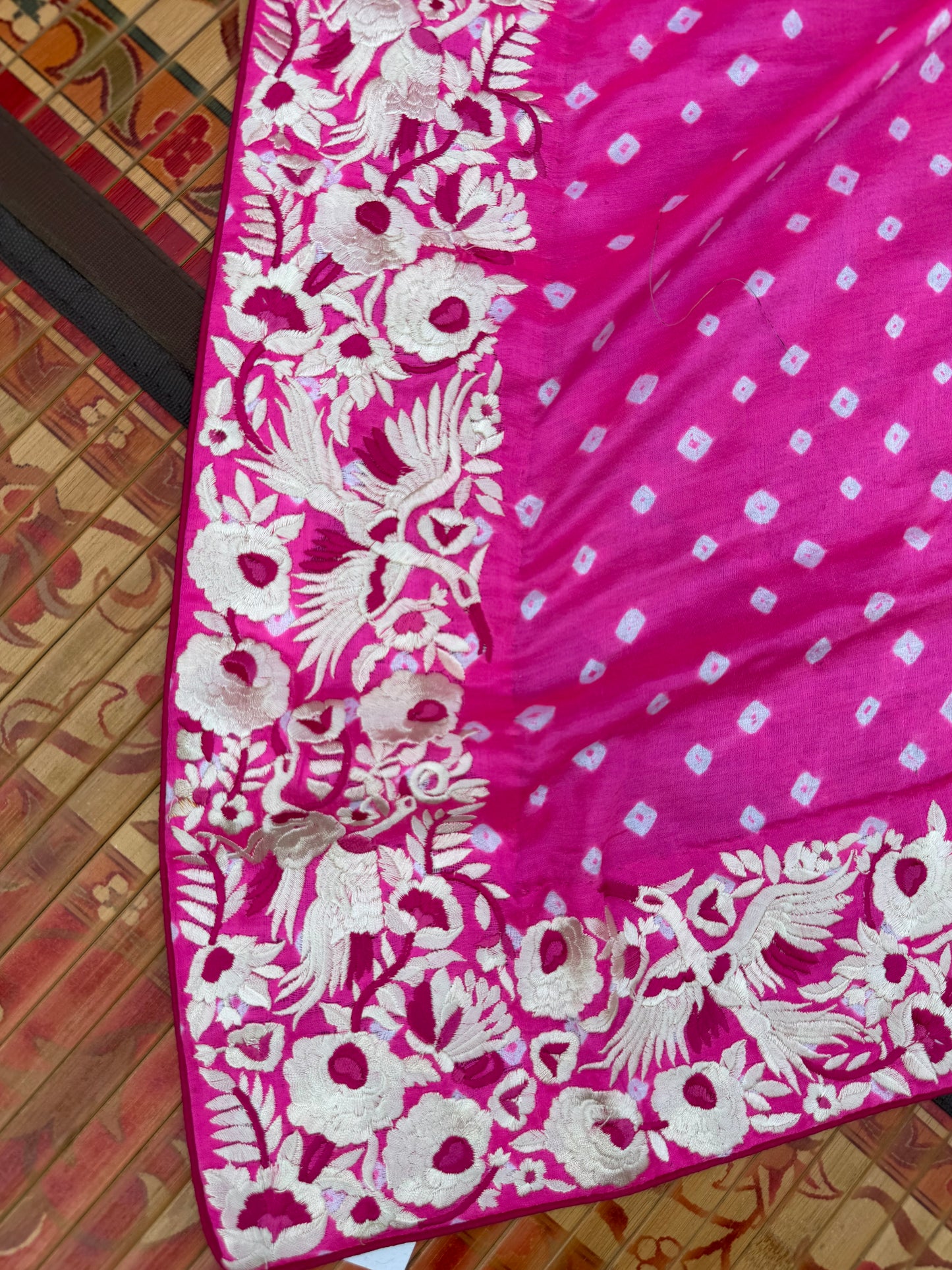 Gajji silk bandini with machine embroidery saree