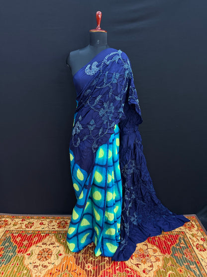 Habutai silk clamp dye with hand knotted rai bandhej saree