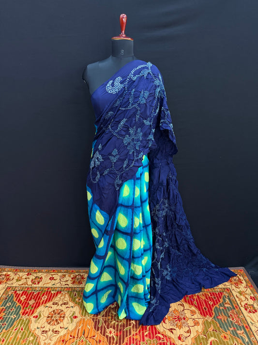Habutai silk clamp dye with hand knotted rai bandhej saree