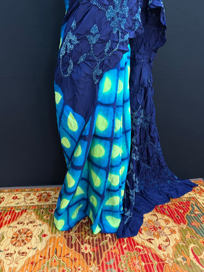 Habutai silk clamp dye with hand knotted rai bandhej saree