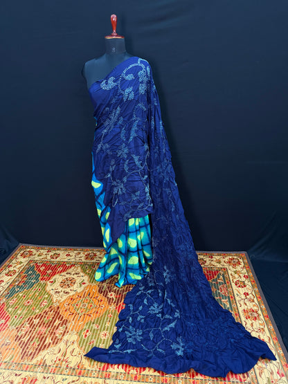 Habutai silk clamp dye with hand knotted rai bandhej saree