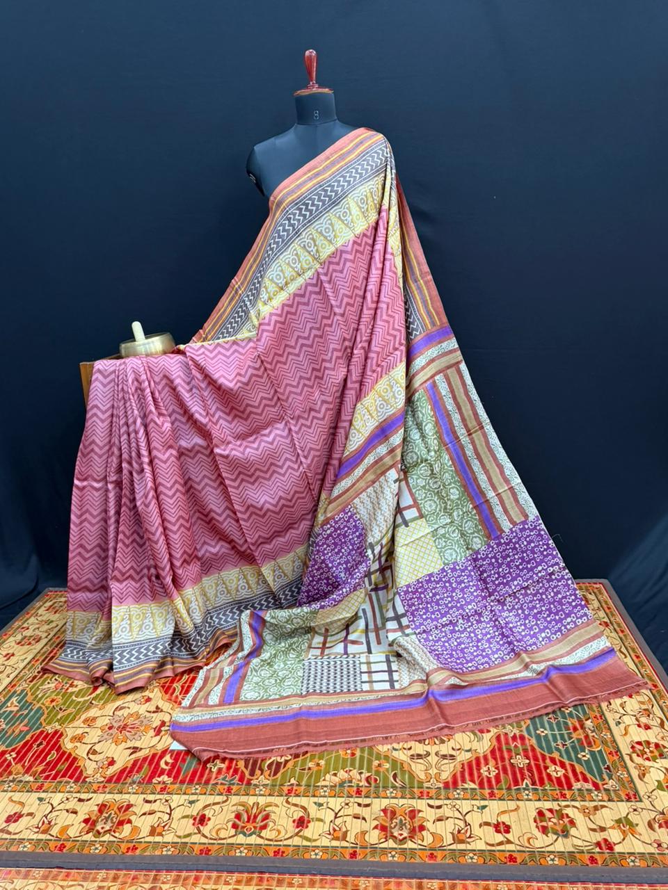 Pure silk tussar with  hand block printed sarees