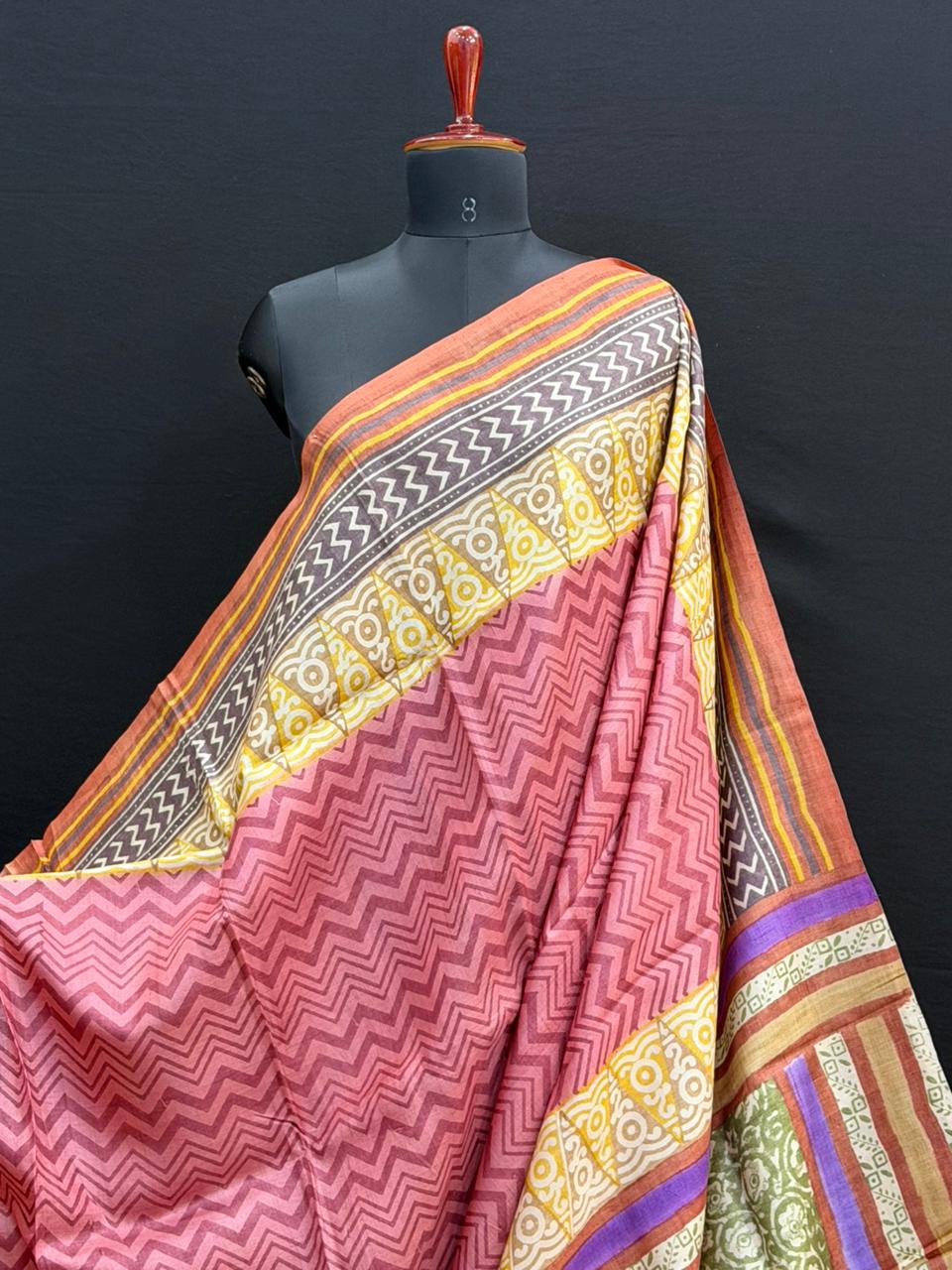 Pure silk tussar with  hand block printed sarees