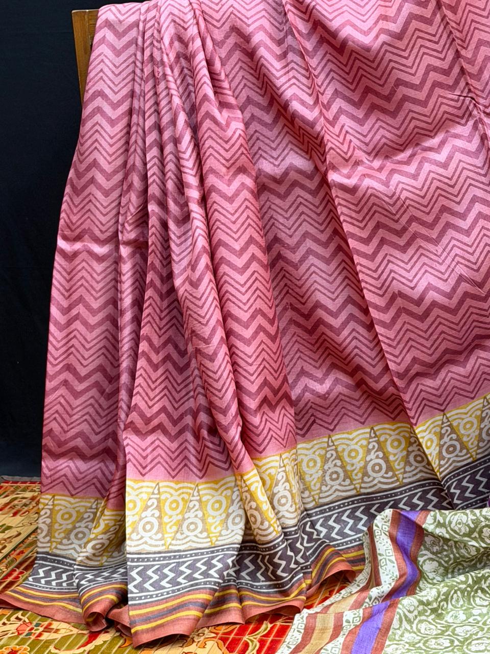 Pure silk tussar with  hand block printed sarees