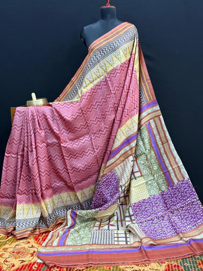 Pure silk tussar with  hand block printed sarees