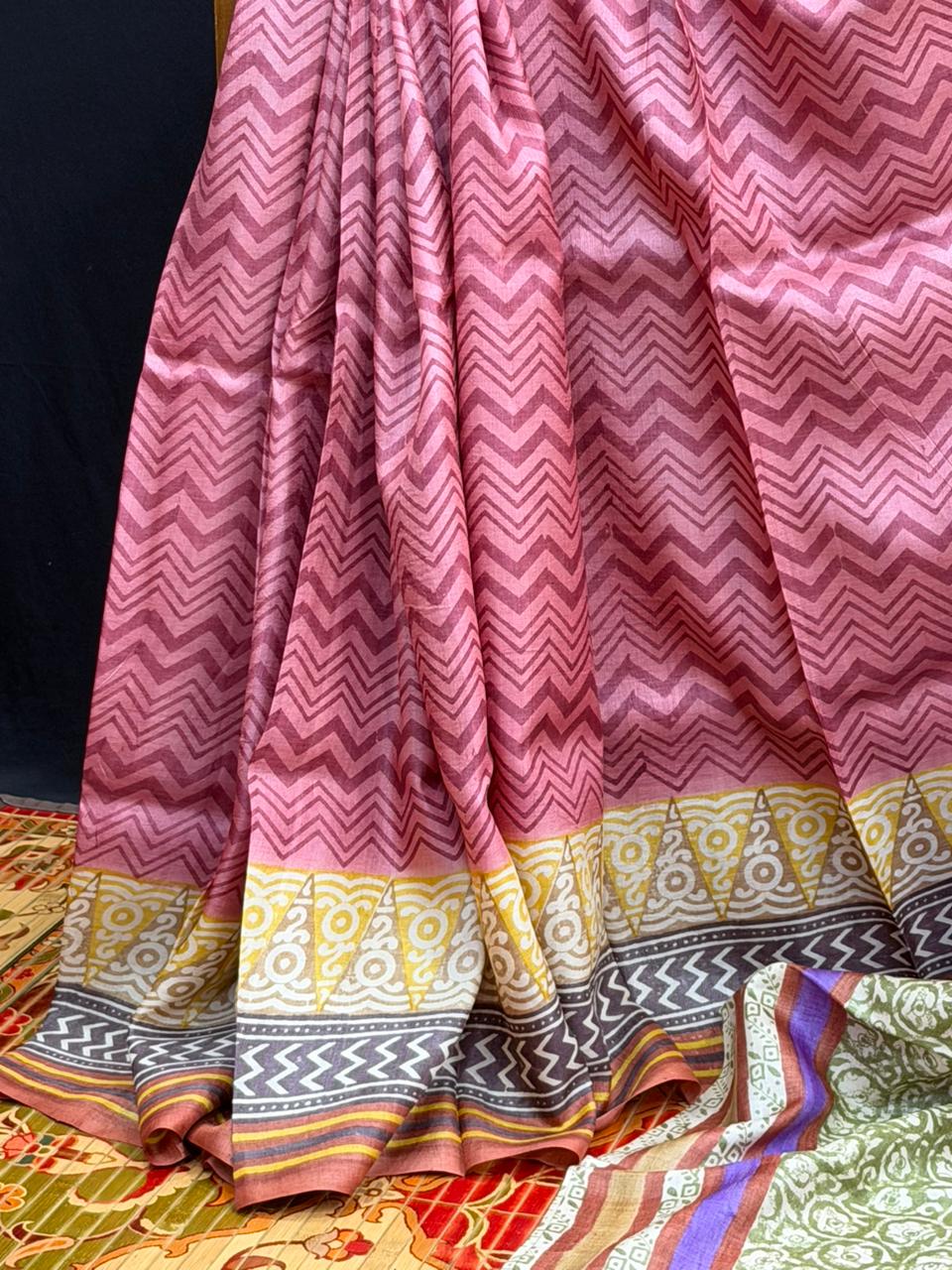 Pure silk tussar with  hand block printed sarees