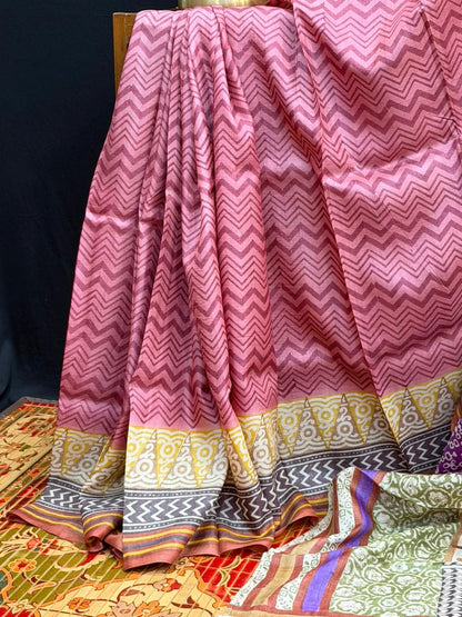 Pure silk tussar with  hand block printed sarees