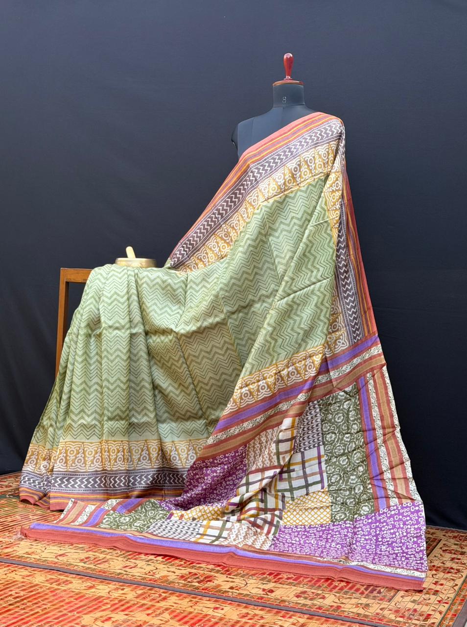 Pure silk tussar with  hand block printed sarees