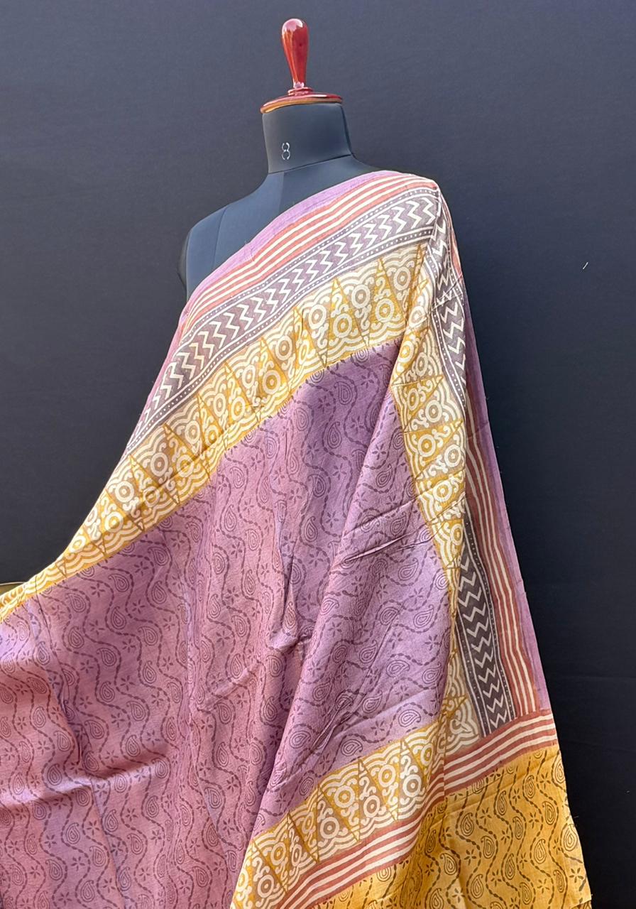 Pure silk tussar with  hand block printed sarees