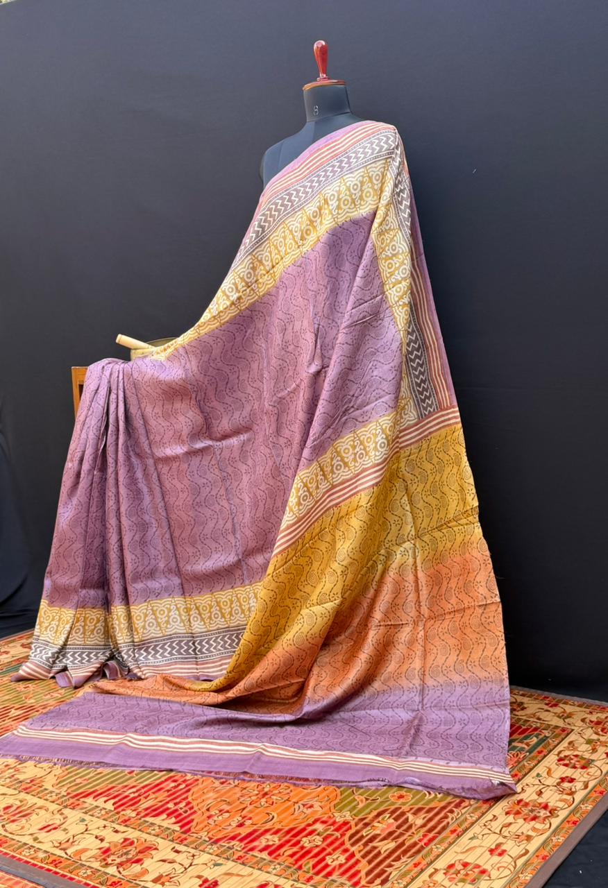 Pure silk tussar with  hand block printed sarees